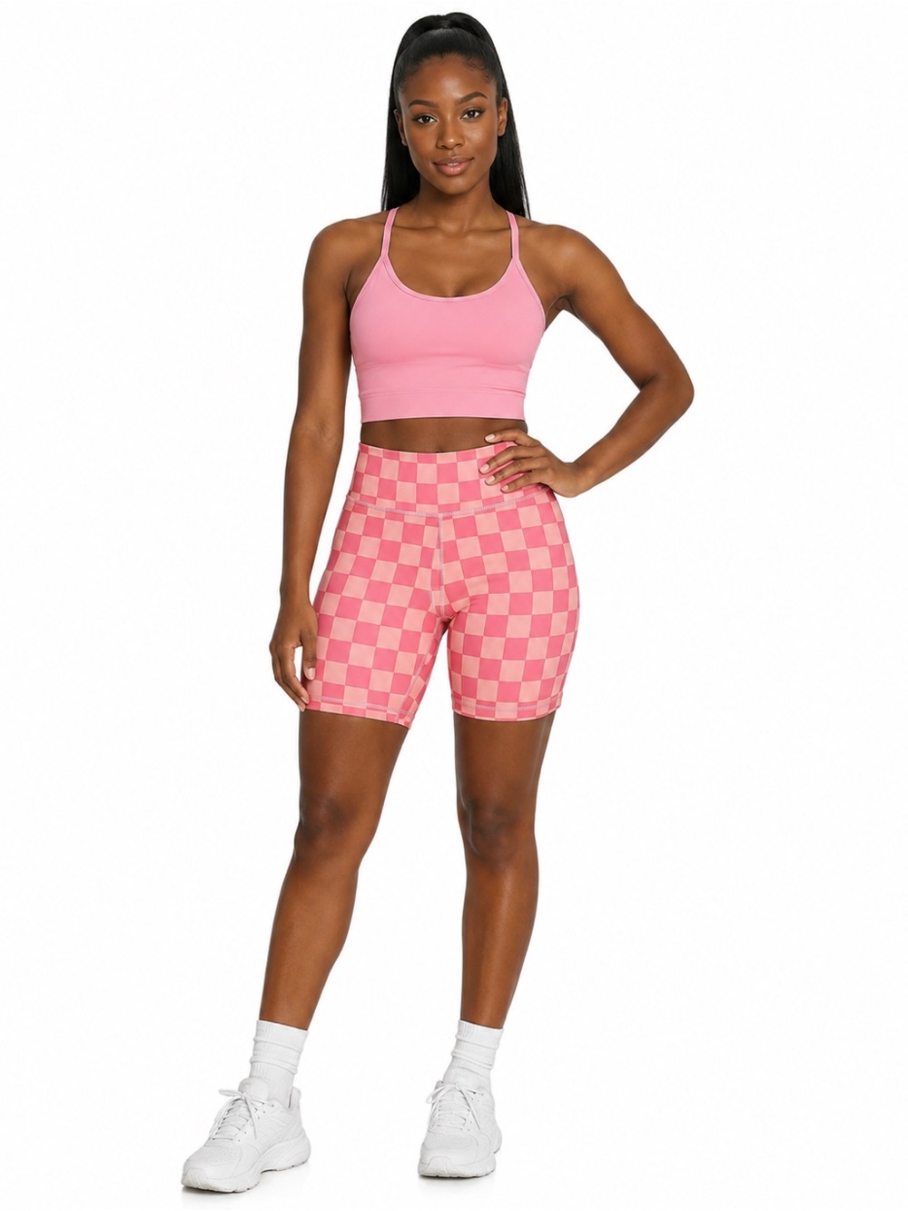 Pink Checkered High-Waisted Biker Shorts